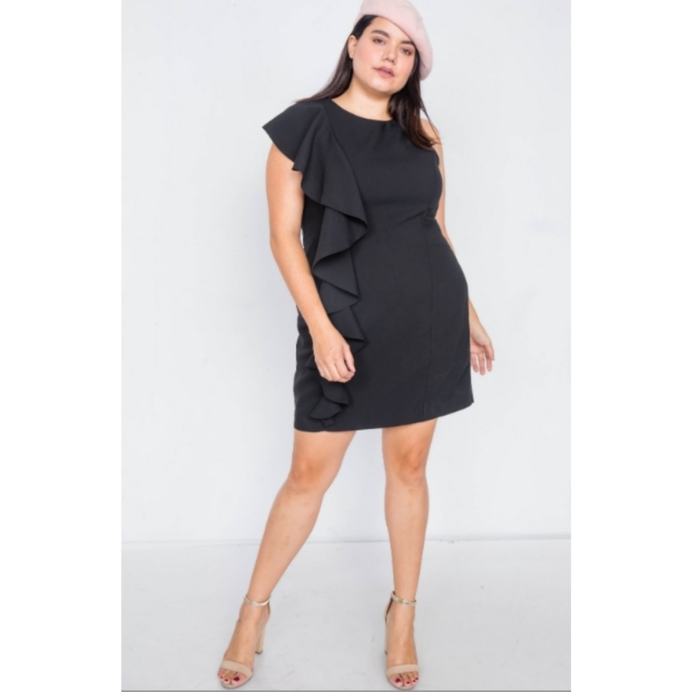 2FOR$30 - NWT DO + BE Black Frill Trim Sleeveless Mini Dress in Black, Size 2X - Picture 2 of 2